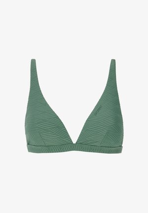 Grøn trekant bikini top med et struktureret zigzag mønster, justerbare stropper og en scoop-udskæring. Materialet ser strækbart og glat ud.