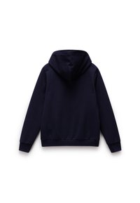 Felpa blu navy in misto cotone, presenta un cappuccio con cordino, polsini a costine e orlo a costine. Design semplice senza ulteriori motivi.