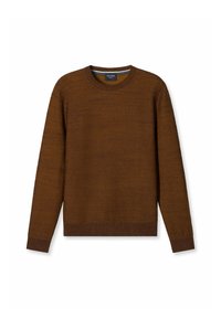 Brauner Strickpullover mit einem strukturierten Wabenmuster. Verfügt über einen runden Halsausschnitt sowie gerippte Bündchen und Saum. Modell der Marke OLYMP.