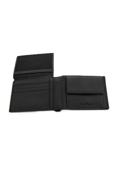 Portafoglio in pelle nera con superficie testurizzata, dotato di numerosi scomparti per carte, un comparto per banconote e una chiusura a pressione sicura.