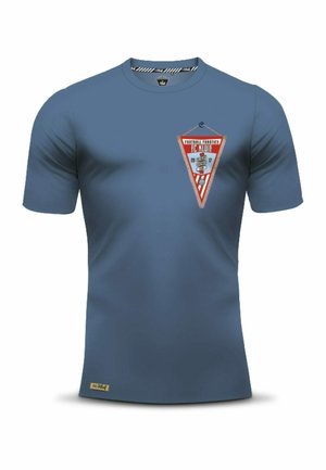 Blauwe T-shirt met korte mouwen van katoen, met een driehoekige rood, wit en blauwe afbeelding met "Football Fanatics FC Kluif."