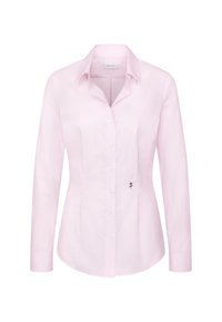 Chemise pour femme rose clair à manches longues, boutonnée, avec col et petite broderie de rose noire sur le bas avant droit.