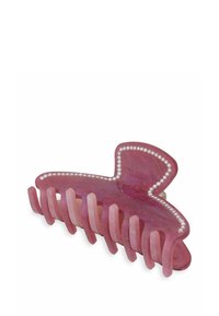 Pince à cheveux rose en acrylique, avec une finition étincelante, un design courbé, et des accents décoratifs en forme de perles le long du bord supérieur.