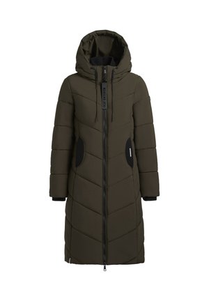 Cappotto imbottito verde oliva con cappuccio, dotato di chiusura con zip verticale, accenti neri e un design a motivo trapuntato diagonale. Maniche lunghe con polsini.