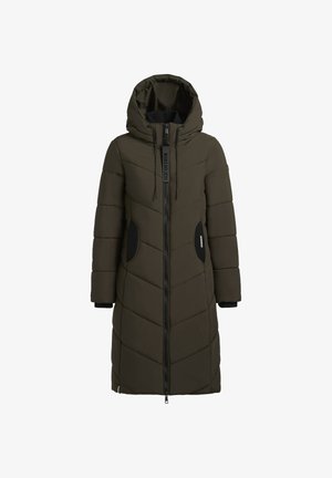Olivgrüner gepolsterter Mantel mit Kapuze, ausgestattet mit einem vertikalen Reißverschluss, schwarzen Akzenten und diagonaler Steppung. Lange Ärmel mit Bündchen.