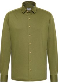Camicia verde con bottoni, realizzata in un tessuto testurizzato, dotata di colletto, maniche lunghe e bottoni color oro sulla parte anteriore. Design semplice e dritto.