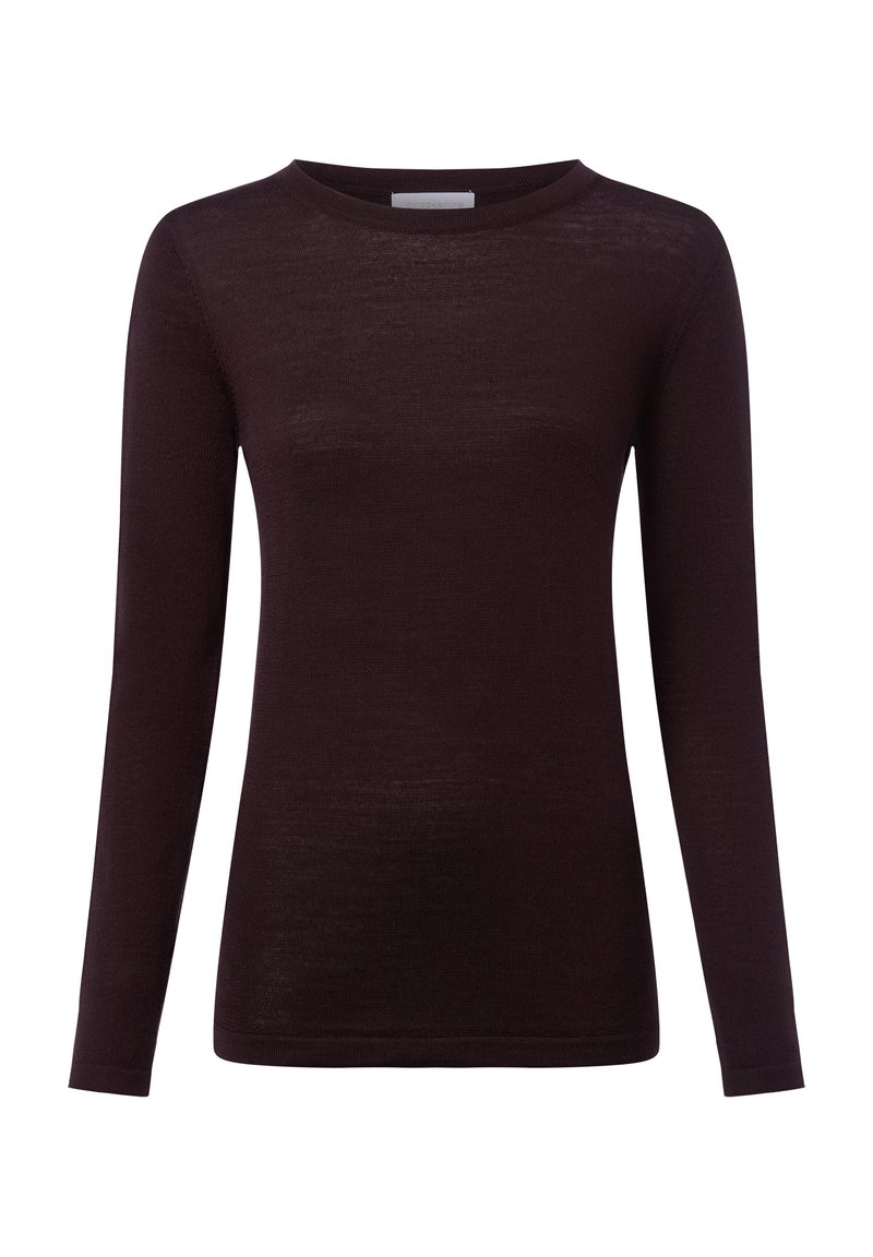 Długi rękaw w ciemnym burgundzie, wykonany z lekkiego materiału o gładkiej fakturze i okrągłym dekolcie. Posiada dopasowane rękawy i prosty krój.