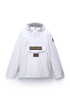 Witte pullover jacket met capuchon, voorzien van een voorzak, zwart en gouden logo, en een Noorse vlag patch. Zachte, gestructureerde stof.