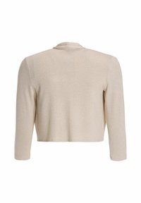 Cardigan court beige à manches longues avec un col rond, vu de dos sur fond blanc.