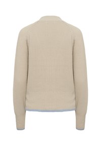 Beige knitted sweater with a textured pattern, raglan sleeves, and a ribbed hem. Features a light blue accent at the wrist cuffs.