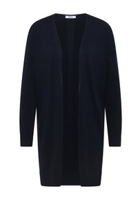 Cardigan long noir à ouverture avant, avec col, poignets et ourlet côtelés, fabriqué par Cecil, présenté sur un fond blanc.