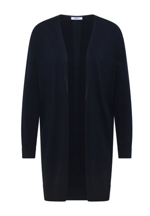 Cardigan long noir à ouverture avant, avec col, poignets et ourlet côtelés, fabriqué par Cecil, présenté sur un fond blanc.