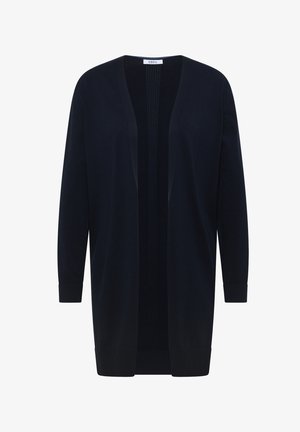 Cardigan long noir à ouverture avant, avec col, poignets et ourlet côtelés, fabriqué par Cecil, présenté sur un fond blanc.