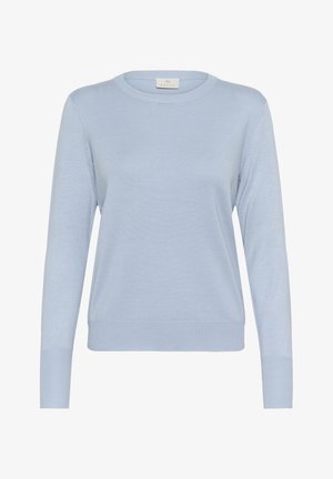Light blue knitted sweater with a round neckline, long sleeves, and ribbed cuffs. Material appears soft and smooth with a simple design.