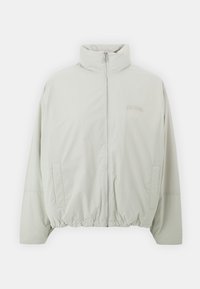 Giacca zip-up grigia chiara con colletto alto, orlo elasticizzato e tasche laterali; presenta dettagli logo discreti in filo più chiaro.