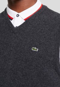 Grå stickad väst med v-ringning och en grön broderad krokodil-logotyp. Vit krage med röda och marina accenter.