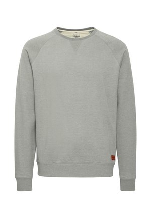 Grijze crewneck sweatshirt met raglanmouwen, gestructureerde stof, ribgebreide manchetten en zoom, met een klein bruin logo-opkantje aan de onderzijde.