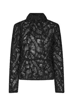 Czarna koronkowa kurtka z teksturowanym kwiatowym wzorem, z kołnierzykiem, długimi rękawami i skróconym krojem. Przezroczysty materiał z misternymi detalami.