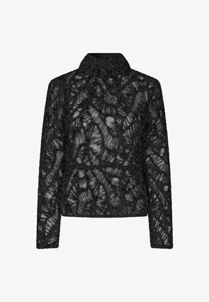 Czarna koronkowa kurtka z teksturowanym kwiatowym wzorem, z kołnierzykiem, długimi rękawami i skróconym krojem. Przezroczysty materiał z misternymi detalami.