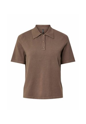 Bruine korte mouwen polo shirt van zacht materiaal, met een klassieke kraag, knoopsluiting met drie knopen en zijsplitten aan de onderkant.