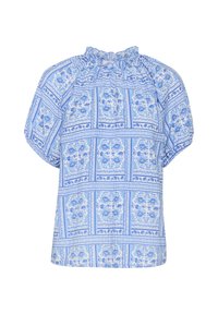Blusa blu con stampa floreale, maniche a palloncino e scollatura arricciata. Realizzata in tessuto leggero, presenta un motivo texturizzato in diverse tonalità di blu.