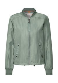 Světlá zelená bomber bunda vyrobená z hladkého materiálu, s předním zipem, žebrovanými manžetami a dvěma bočními kapsami se zapínáním na patent.