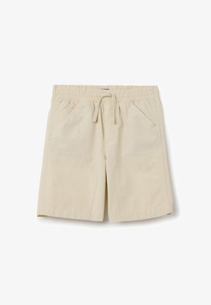 Beige shorts made from a lightweight fabric, featuring an elastic waistband with a drawstring, two side pockets, and a relaxed fit.