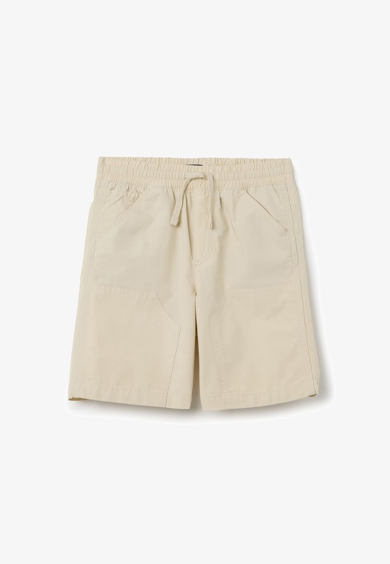 Beige shorts gemaakt van een lichtgewicht stof, met een elastische tailleband met een trekkoord, twee zijzakken en een ontspannen pasvorm.