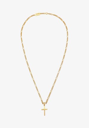 Aukso karoliai su grandinės dizainu, kuriame yra ornamentinė kryžiaus pakabuka. Grandinė turi įvairių formų aklas ir yra poliruota, kad būtų atspindinti apdaila.