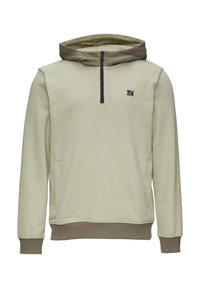 Lichtgroene pullover hoodie met een halve rits, beige accenten, kangoeroezakken en een klein logo op de borst. Zacht materiaal, casual pasvorm.