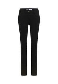 Pantalones vaqueros negros de corte ajustado, con diseño de cinco bolsillos, cierre frontal de botón y un desvanecimiento sutil en la tela.