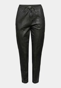 Black faux leather joggers with a drawstring waist, zippered side pockets, and tapered legs. Smooth texture with visible stitching details.