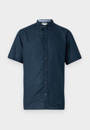 Kurzärmliges, navy-blaues Hemd mit Knöpfen, das ein kleines weißes Blattmuster aufweist, sowie einen Kragen und dunklen Knöpfen. Hergestellt aus leichtem Stoff mit glatter Textur.