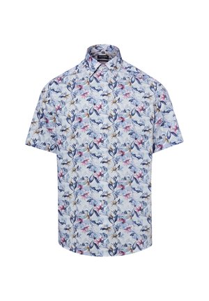 Short-sleeve button-up shirt with white background and blue, pink, and beige floral pattern, spread collar, and front buttons.