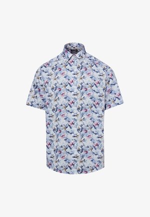 Short-sleeve button-up shirt with white background and blue, pink, and beige floral pattern, spread collar, and front buttons.