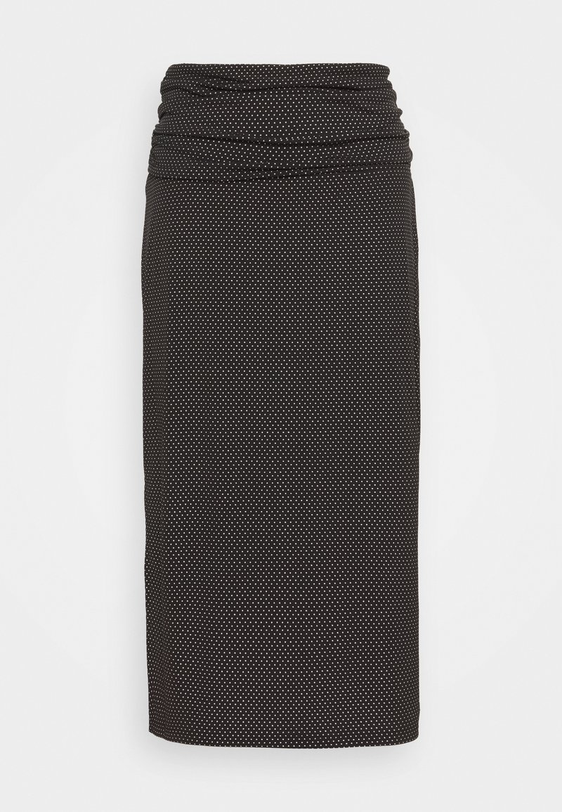 Jupe crayon noire avec petits pois blancs et taille froncée, longueur genou, présentée sur un fond uni.