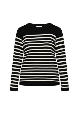 Black and white striped sweater with long sleeves and a round neckline. Made of soft material with a ribbed texture at the cuffs and hem.
