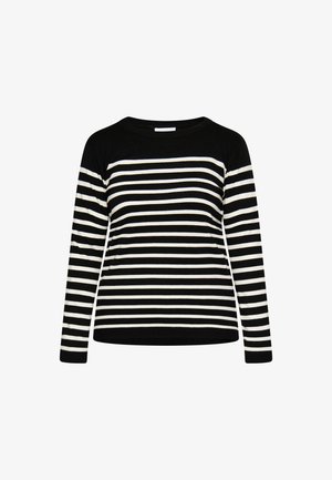 Black and white striped sweater with long sleeves and a round neckline. Made of soft material with a ribbed texture at the cuffs and hem.