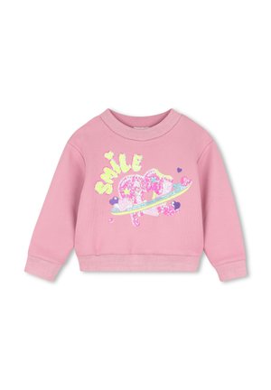 Sweat-shirt enfant rose à manches longues avec poignets et ourlet côtelés, avec un motif d’ours coloré et le mot "SMILE" en lettres jaunes.