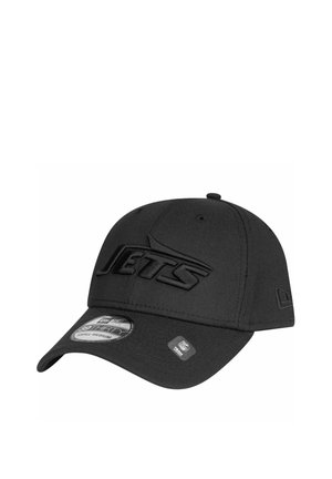 Cappellino nero con un design strutturato, caratterizzato da un logo ricamato "JETS". Include una visiera curvata e una chiusura a scatto regolabile.