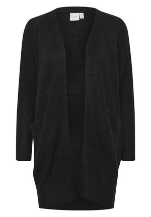 Black knitted cardigan with open front, long sleeves, and two front pockets. Soft texture, casual design, suitable for layering.