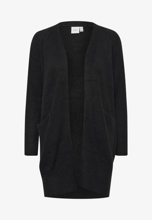 Črna pletena cardigan jakna z odprtim sprednjim delom, dolgimi rokavi in dvema sprednjima žepoma. Mehka tekstura, sproščen dizajn, primerna za plastenje.