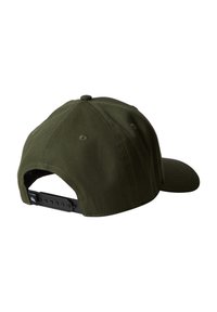 Oliven grønn caps med buet skjerm, laget av bomullsstoff. Har justerbar svart stropp bak og sekspaneldesign med ventilasjonsåpninger.
