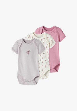 Three short-sleeve baby bodysuits in lavender, cream with floral print, and pink. Made from soft cotton, featuring snap closures at the bottom.