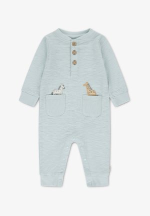 Hellblauer Baumwoll-Strampler mit langen Ärmeln, drei braunen Knöpfen, zwei Vorderentaschen und bestickten Zebra- und Giraffendetails.