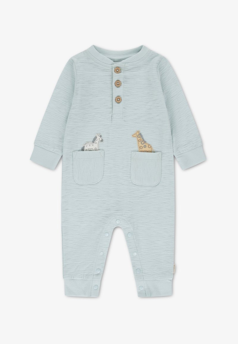 Helehall sinine puuvillane kombekas pikkade varrukatega, kolm pruunikat nööpi, kaks esimest taskut ning tikitud sebra ja kaelkirjaku detailid.