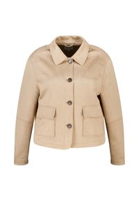 Tan suède jas met een kraag, voorste knoopsluiting en twee opgestikte zakken. Heeft een cropped silhouet en een gladde textuur.