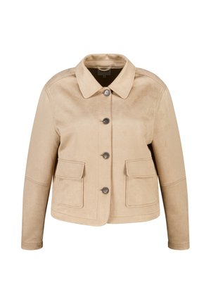Tan suède jas met een kraag, voorste knoopsluiting en twee opgestikte zakken. Heeft een cropped silhouet en een gladde textuur.