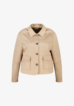 Veste en daim camel avec col, fermeture à boutons sur le devant et deux poches plaquées. Présente une silhouette courte et une texture lisse.