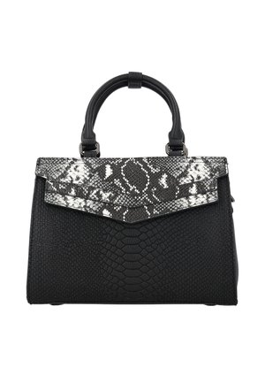 Must tekstuuriga käekott ülemise sangaga ja must-valge madu nahamustriga klapiga kinnitusega.